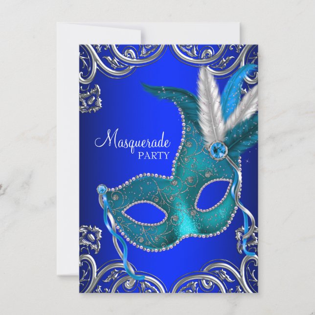 Royal Blue und Aquamarin Blue Masquerade Party Einladung (Vorderseite)
