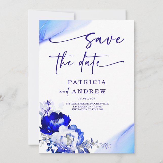 Royal Blue und Dusty Blue Rose Save the Date Einladung (Vorderseite)