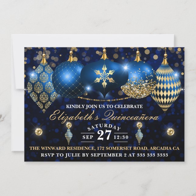 Royal Blue und Gold Christmas Baubles Quinceañera Einladung (Vorderseite)