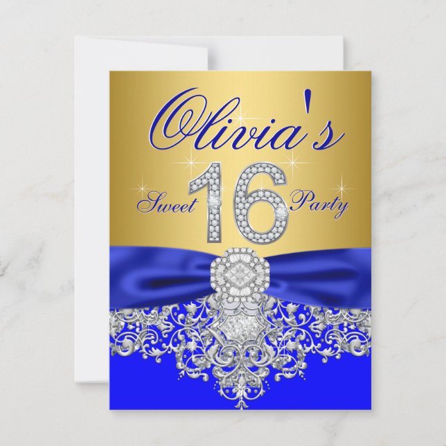 Royal Blue und Gold Diamond Sweet 16 Party Einladung (Vorderseite)