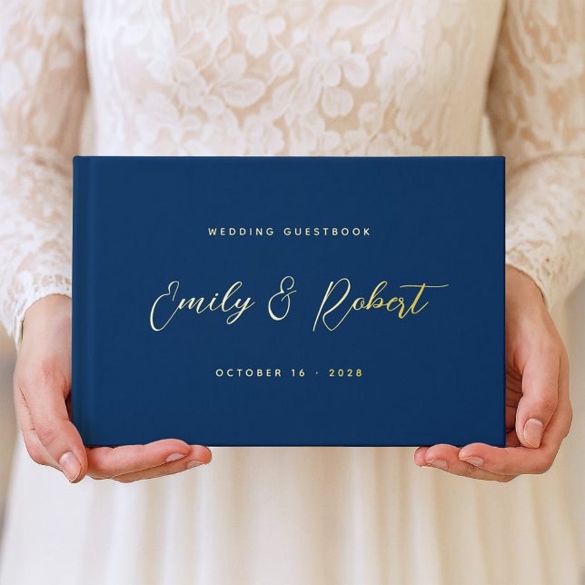 Royal Blue und Gold Elegante Script Wedding Foto Gästebuch (Von Creator hochgeladen)