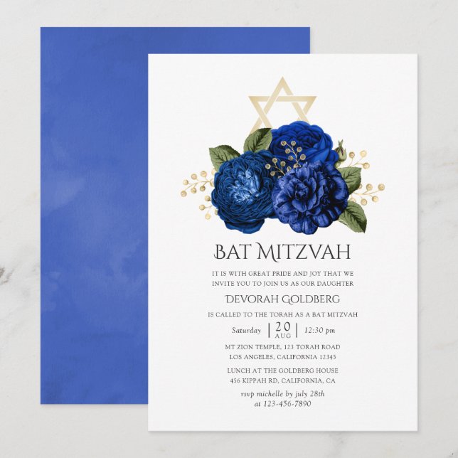 Royal Blue und Gold Floral Bat Mitzvah Einladung (Vorne/Hinten)