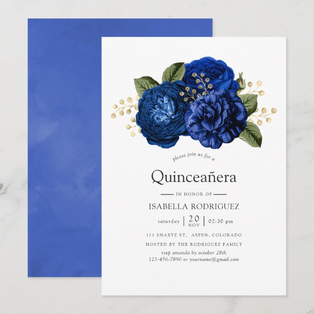 Royal Blue und Gold Floral Quinceñera Einladung (Vorne/Hinten)