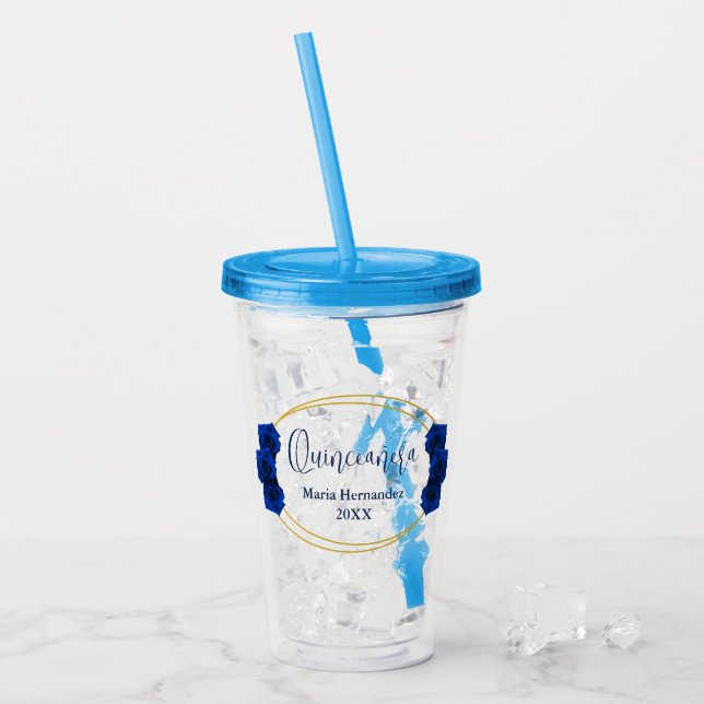 Royal Blue und Gold Geometric Quinceñera Acryltrinkbecher (Vorderseite Ice)