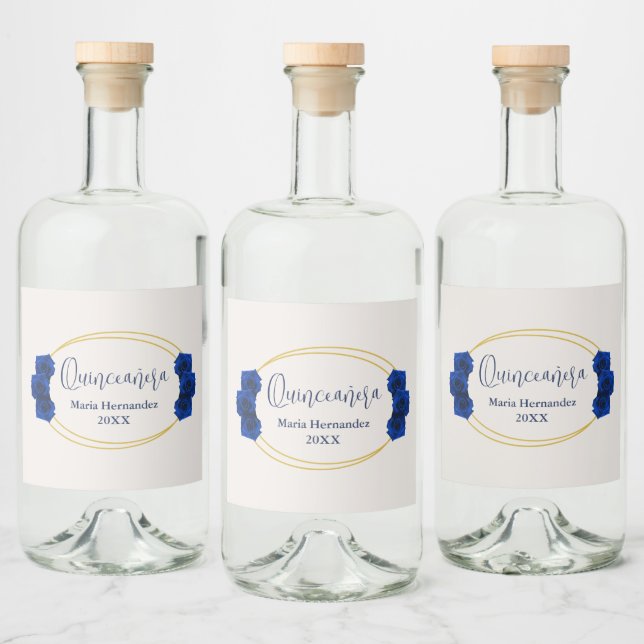 Royal Blue und Gold Geometric Quinceñera Alkoholflaschenetikett (Flaschen)