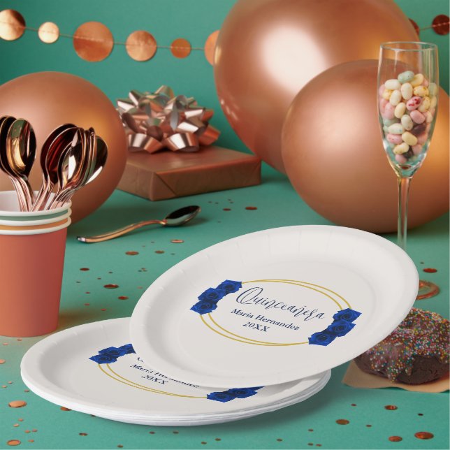 Royal Blue und Gold Geometric Quinceñera Pappteller (Multi)