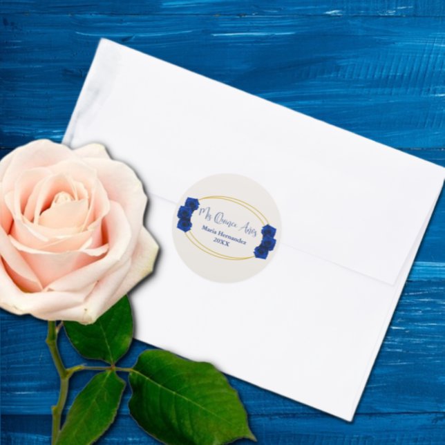 Royal Blue und Gold Geometric Quinceñera Runder Aufkleber (Von Creator hochgeladen)