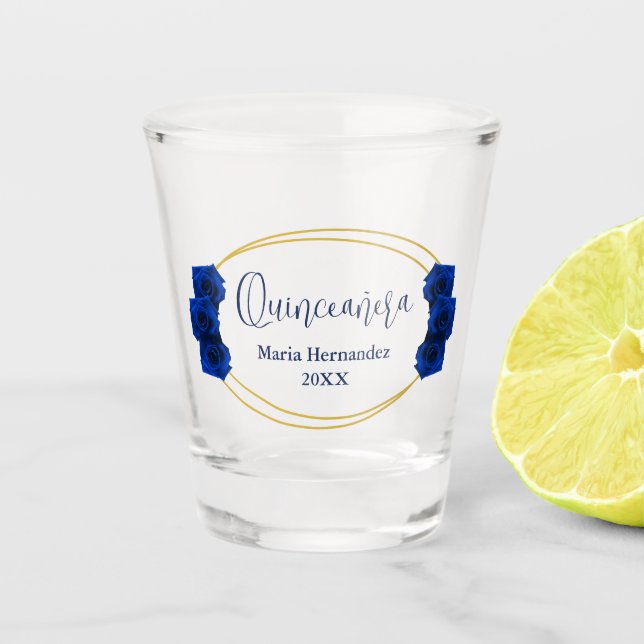 Royal Blue und Gold Geometric Quinceñera Schnapsglas (Vorderseite)