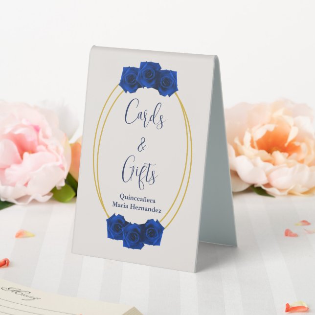 Royal Blue und Gold Geometric Quinceñera Tischaufsteller (In Situ (Hochzeit))