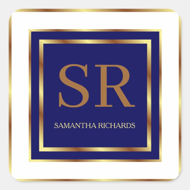 Royal Blue und Gold Monogram Geometric Quadratischer Aufkleber (Vorderseite)