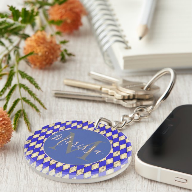 Royal Blue und Gold Personalisiert Harlequin Schlüsselanhänger (Vorderseite rechts)