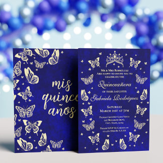 Royal Blue und Gold Quinceañera Tiara Butterfly Einladung