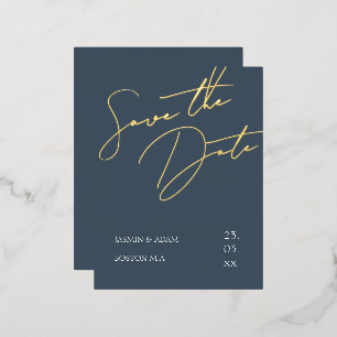 Royal Blue und Gold Script Wedding speichern das D Folie Einladungspostkarte