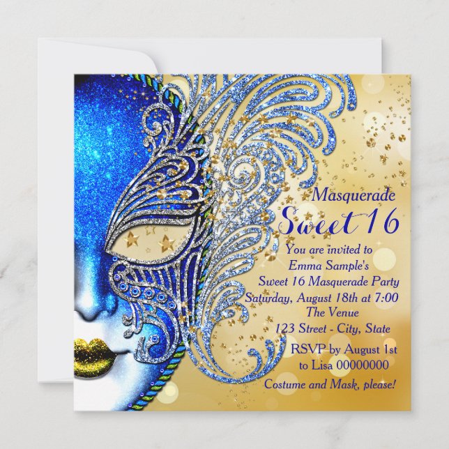 Royal Blue und Gold Sweet 16 Masquerade Party Einladung (Vorderseite)