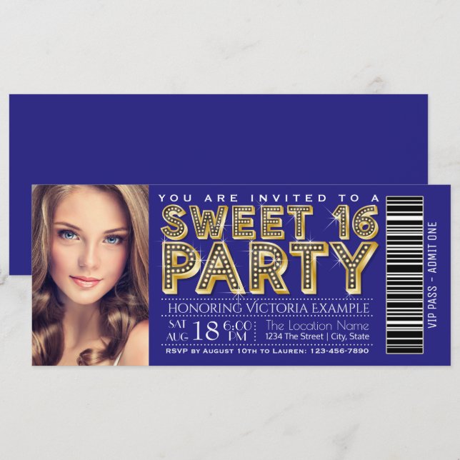 Royal Blue und Gold Sweet 16 Ticket Einladung (Vorne/Hinten)