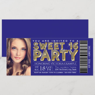 Royal Blue und Gold Sweet 16 Ticket Einladung