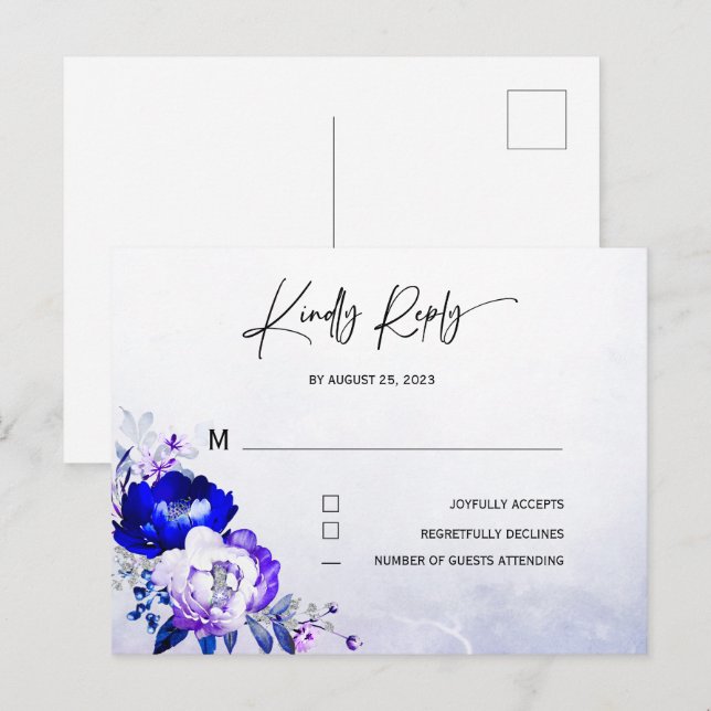 Royal Blue und Lila Wedding RSVP Postkarte (Vorne/Hinten)