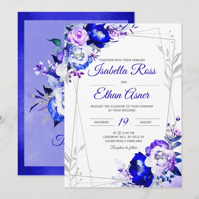 Royal Blue und Lila Wedding Theme Einladung (Vorne/Hinten)