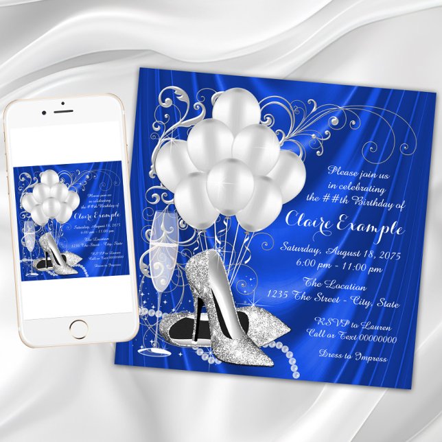 Royal Blue und Silver Birthday Party Einladung (Womans blue and silver birthday party invitation with silver high heels, pearls and balloons.)