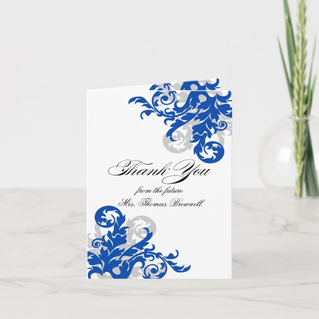 Royal Blue und Silver Blüh Vielen Dank Dankeskarte (Vorderseite)