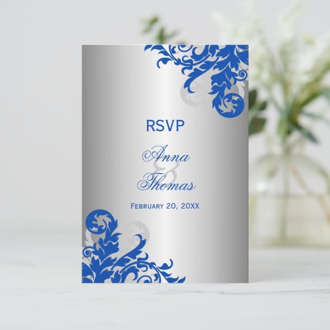 Royal Blue und Silver Blüh Wedding RSVP (Stehend Vorderseite)