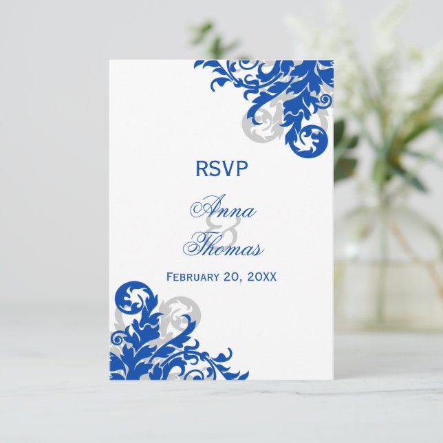 Royal Blue und Silver Blüh Wedding RSVP (Stehend Vorderseite)