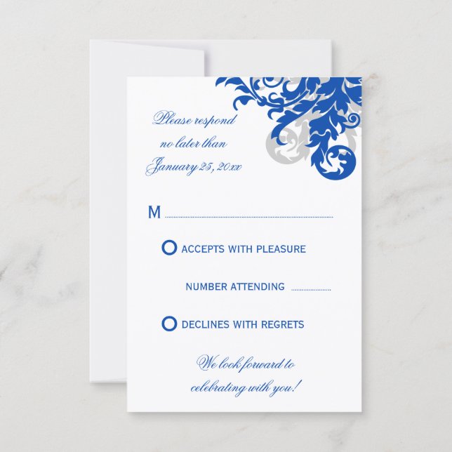 Royal Blue und Silver Blüh Wedding RSVP Karte (Rückseite)