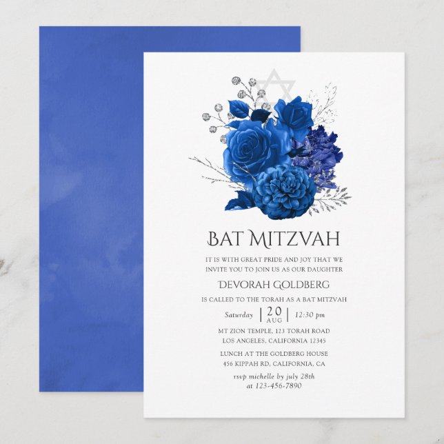 Royal Blue und Silver Floral Bat Mitzvah Einladung (Vorne/Hinten)