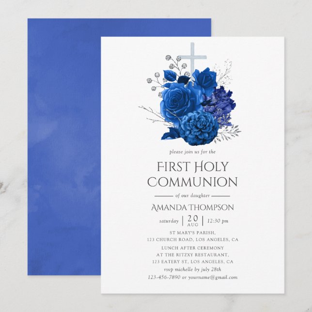 Royal Blue und Silver Floral First Heilige Kommune Einladung (Vorne/Hinten)