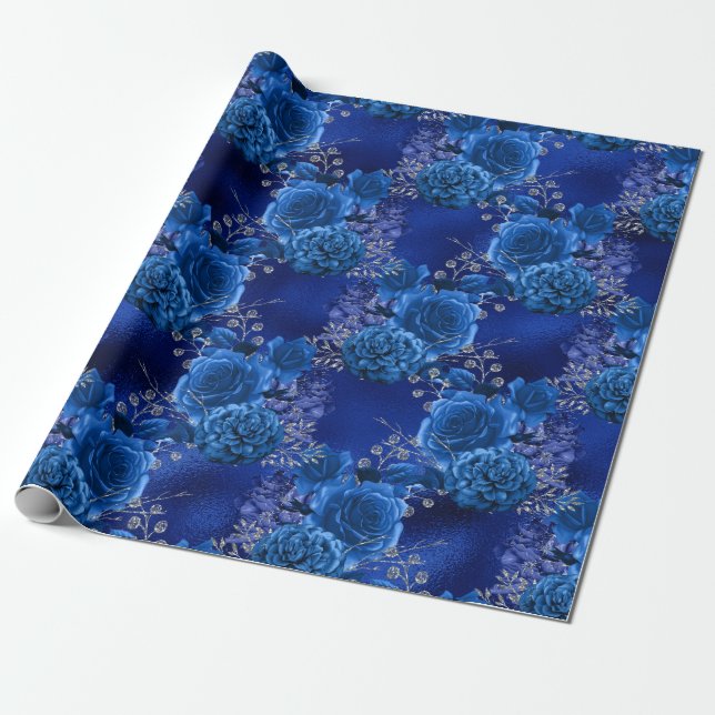 Royal Blue und Silver Floral Geschenkpapier (Ungerollt)