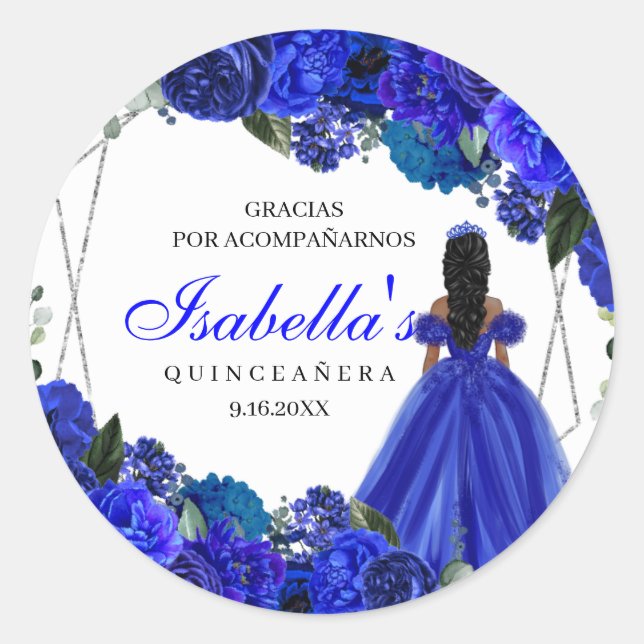 Royal Blue und Silver Floral Quinceanera Classic R Runder Aufkleber (Vorderseite)