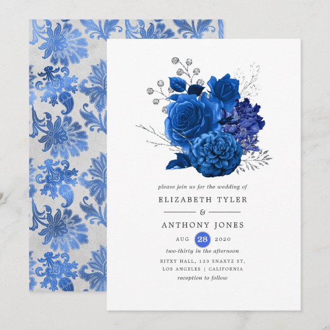 Royal Blue und Silver Floral Wedding Einladung (Vorne/Hinten)