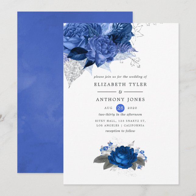 Royal Blue und Silver Floral Wedding Einladung (Vorne/Hinten)