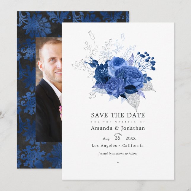 Royal Blue und Silver Floral Wedding Foto Save The Date (Vorne/Hinten)