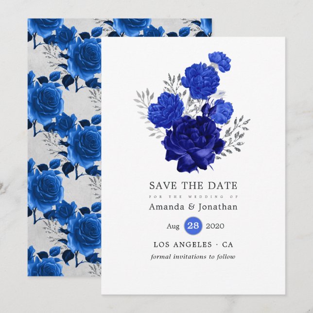 Royal Blue und Silver Floral Wedding Save The Date (Vorne/Hinten)