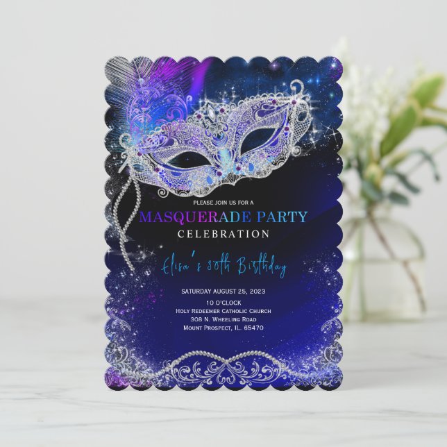 Royal Blue und Silver für Masquerade Party Einladung (Stehend Vorderseite)