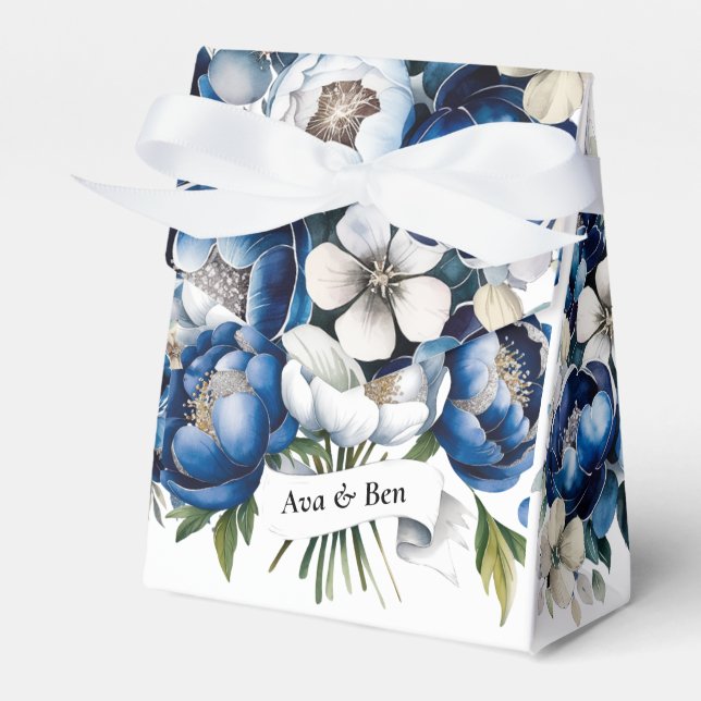 Royal Blue und Silver Glittery Peony Wedding Geschenkschachtel (Vorderseite)