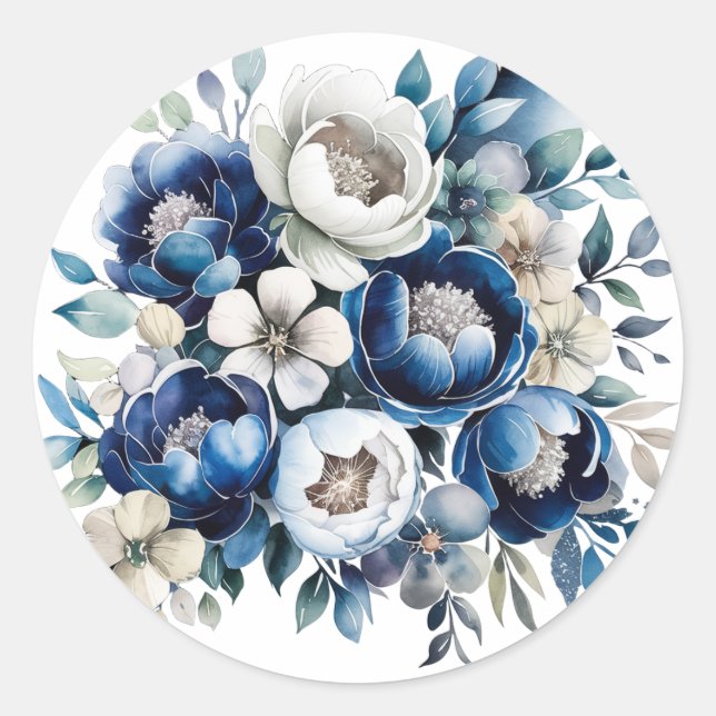 Royal Blue und Silver Glittery Peony Wedding Runder Aufkleber (Vorderseite)