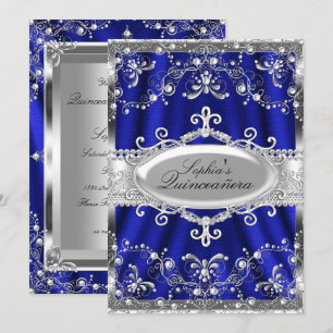 Royal Blue und Silver Jewel Damask Quinceanera Einladung