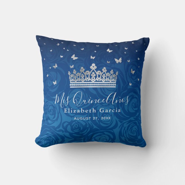 Royal Blue und Silver Quinceanera Mis Quince Anos Kissen (Vorderseite)