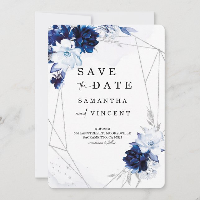 Royal Blue und Silver Save the Date Einladung (Vorderseite)