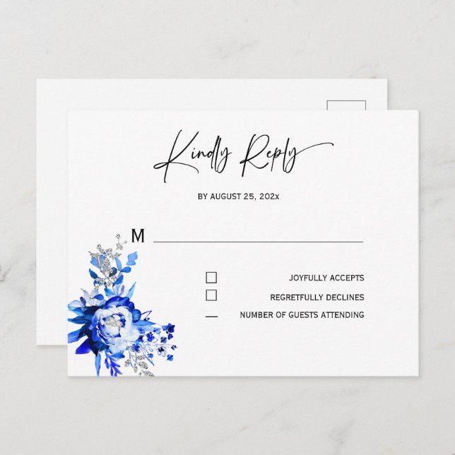 Royal Blue und Silver Wedding RSVP Postkarte (Vorne/Hinten)