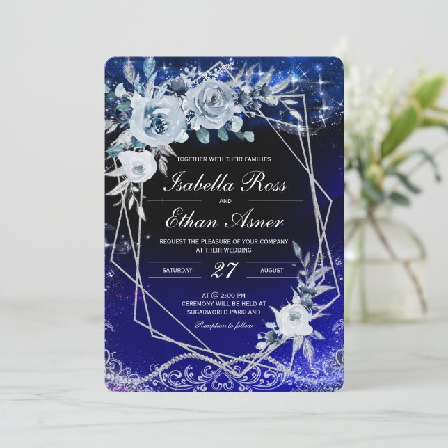 Royal Blue und Silver White Geometric Wedding Einladung (Stehend Vorderseite)