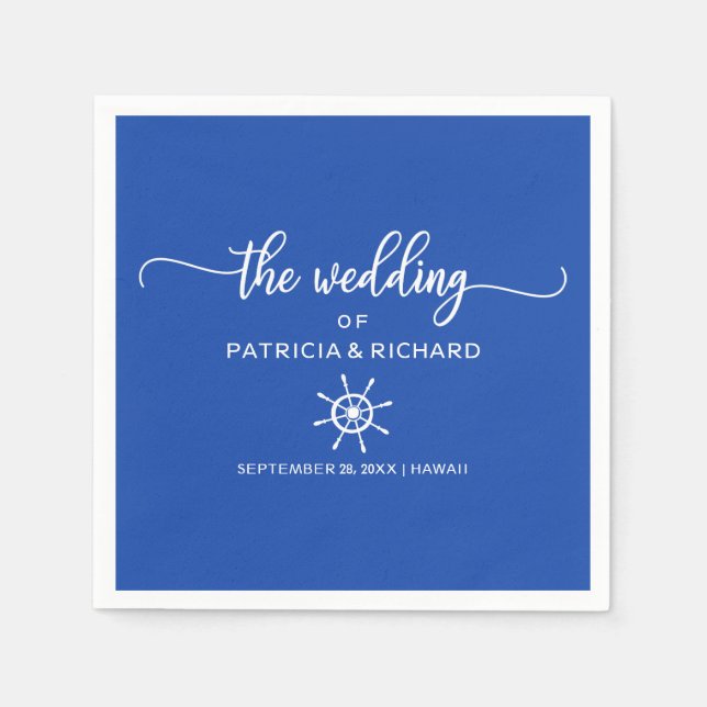Royal Blue und White Rudder Nautical Wedding Serviette (Vorderseite)