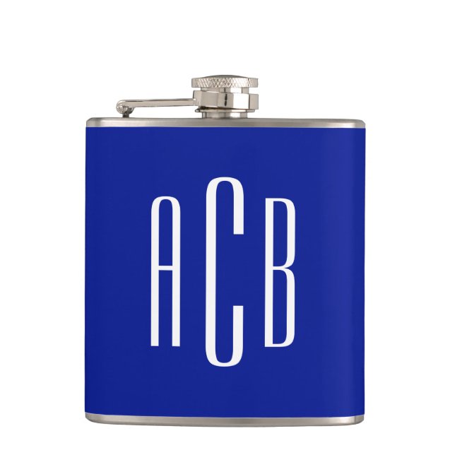 Royal Blue und White Simple Three Letter Monogram Flachmann (Vorderseite)