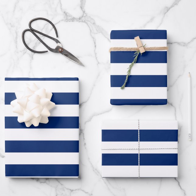 Royal Blue und White Stripes Geschenkpapier Set (Vorderseite)