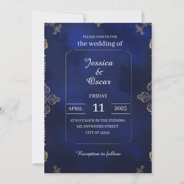 Royal Blue Velvet Hintergrund mit Gold Filigree Einladung (Vorderseite)