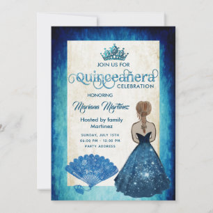 Royal blue Vintag hand fan tiara Quince Einladung