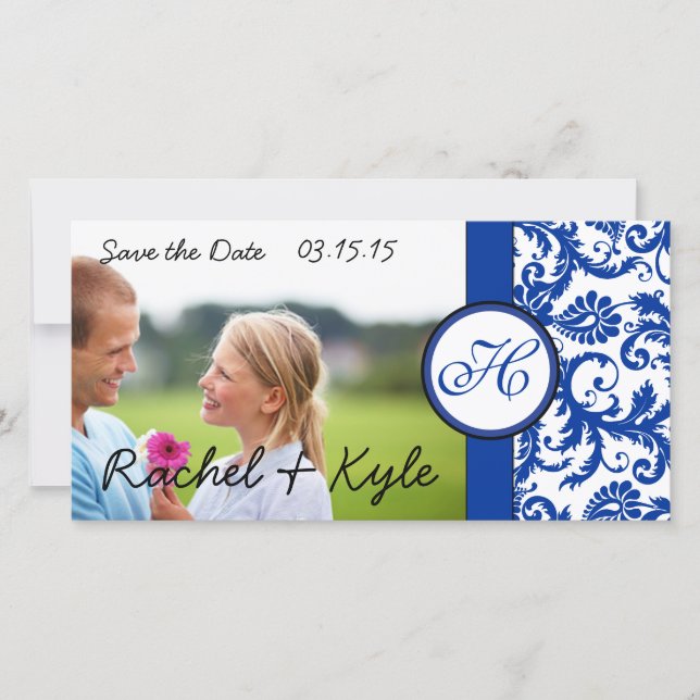 Royal Blue Vintag Modern Damask Save the Date (Vorderseite)