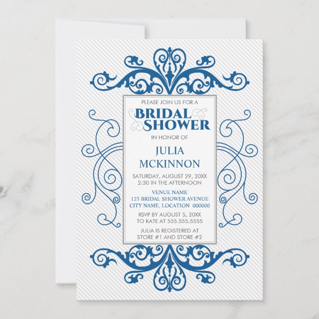 Royal Blue Vintag Wirbel Bridal Dusche Einladung (Vorderseite)